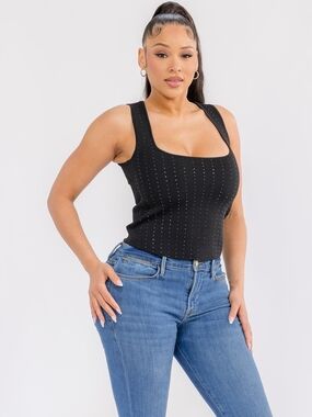 Rhinestone Square Neck Black Tank Top